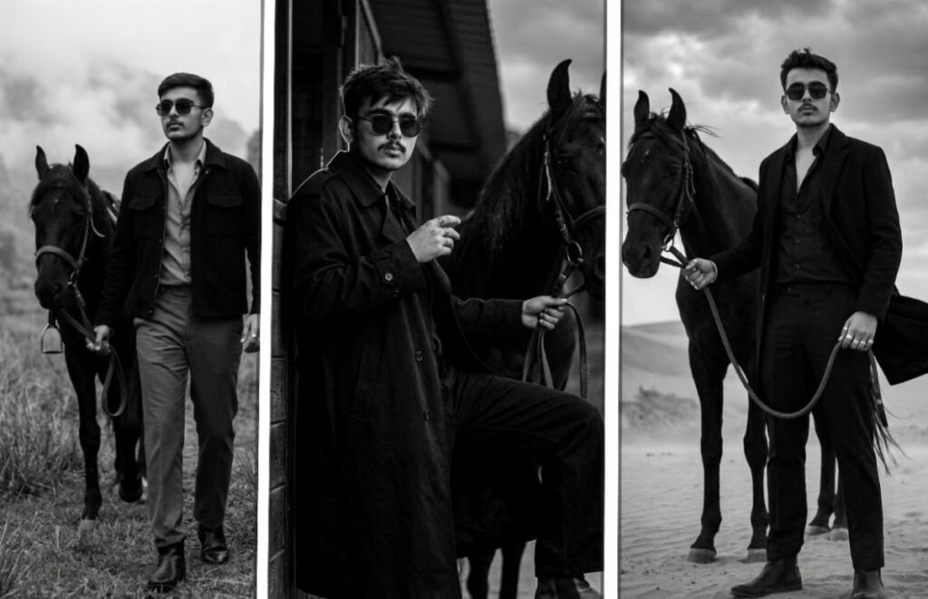 cinematic man with horse ai photo prompt in mountain