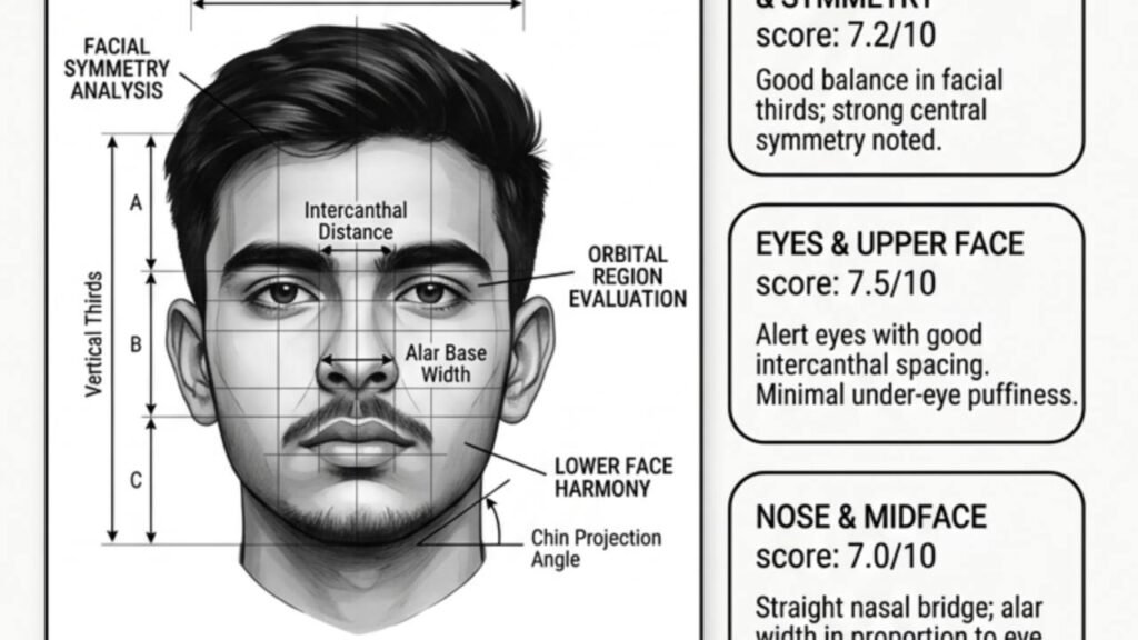 Professional Facial Aesthetic Assessment Prompt showing AI face symmetry analysis, facial proportions, beauty score, and personalized recommendations.