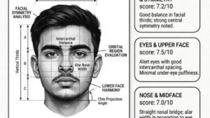 Professional Facial Aesthetic Assessment Prompt showing AI face symmetry analysis, facial proportions, beauty score, and personalized recommendations.