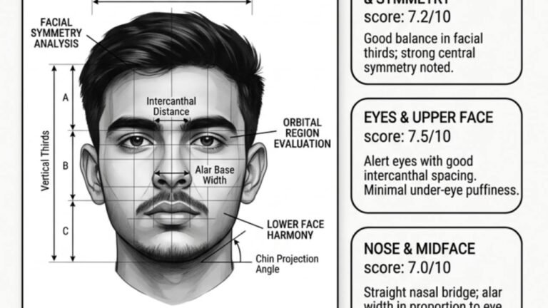 Professional Facial Aesthetic Assessment Prompt showing AI face symmetry analysis, facial proportions, beauty score, and personalized recommendations.